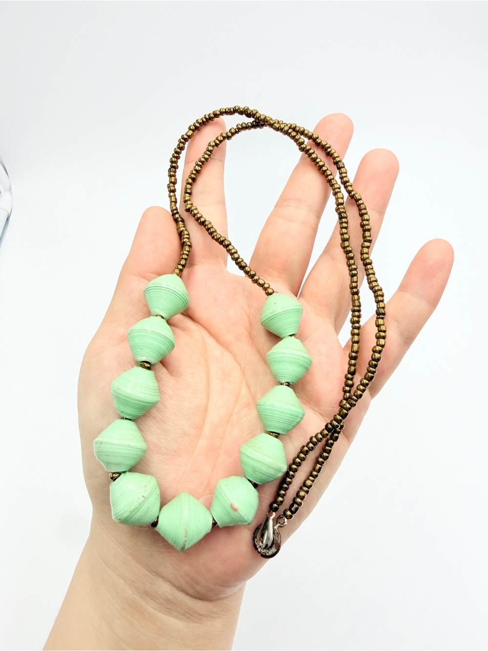 Vintage Artisan Paper Bead Necklace Mint Green Bohemian